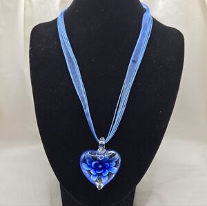 Hand Crafted Blue Murano Glass Heart Necklace